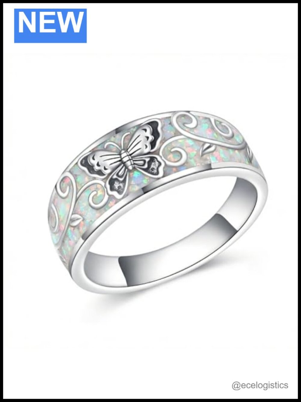 S925 Sterling Silver Opal Ring Butterfly Band Size 11